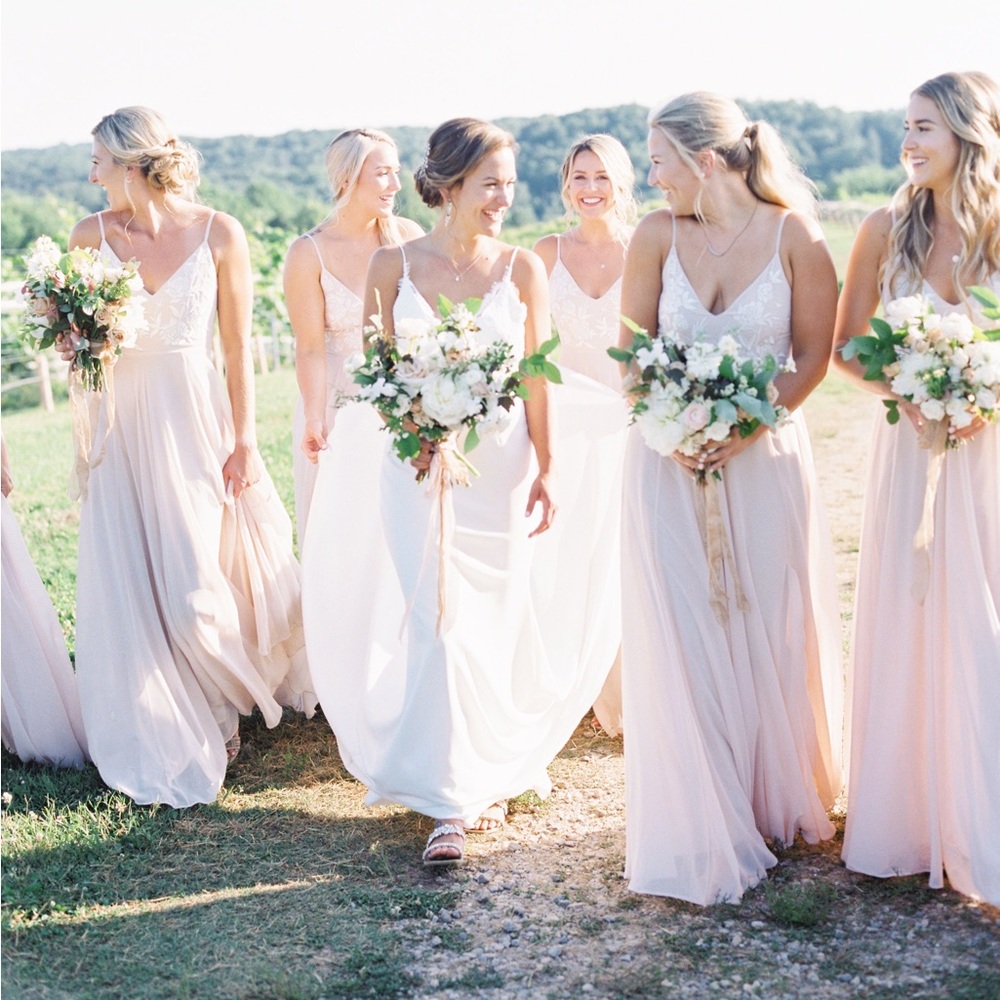 Anthropologie blush bridesmaid dress